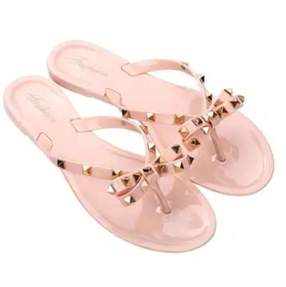 Blush pink studded bow sandals